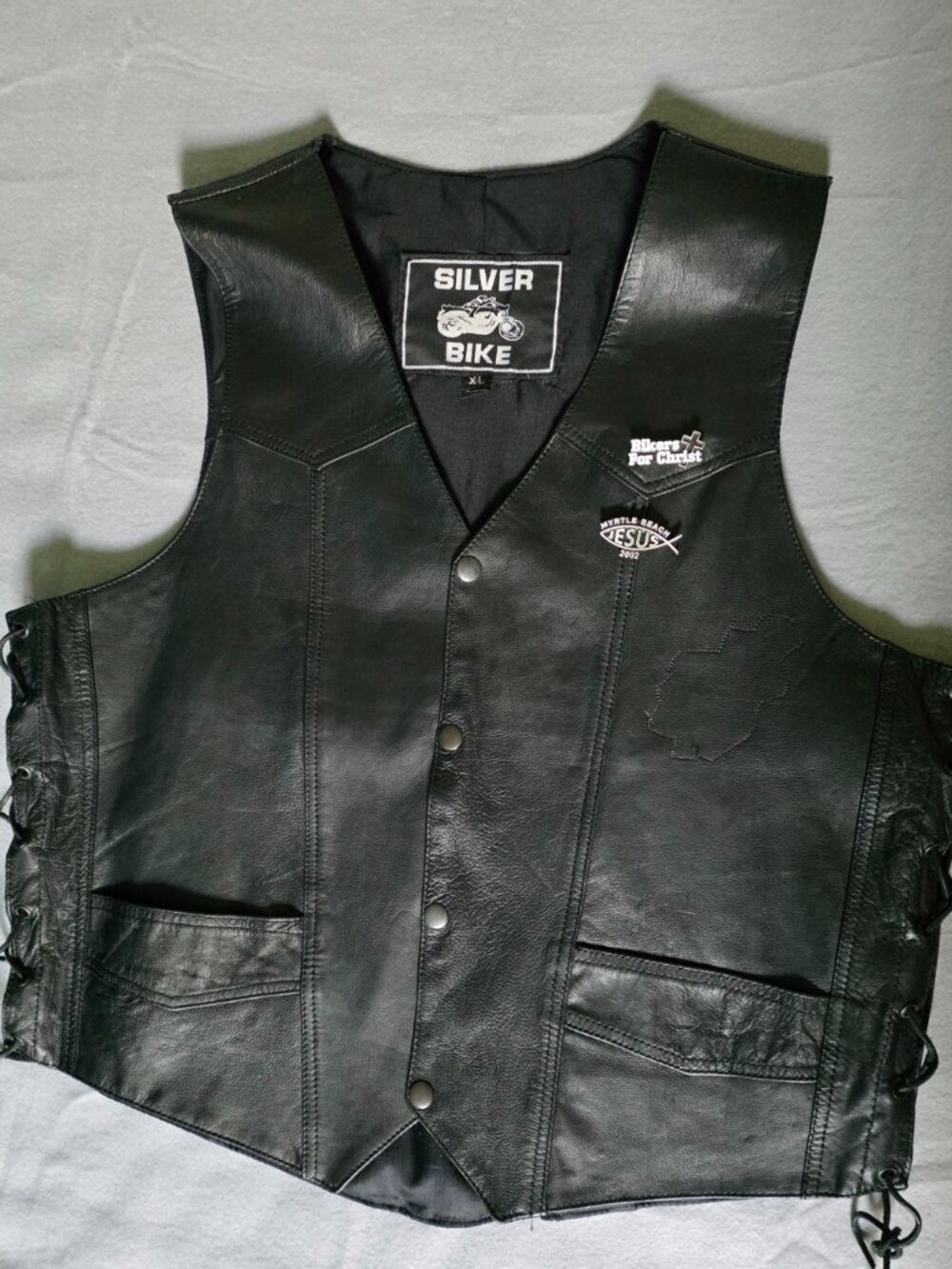 Silver Bike Leather Motorcycle Vest XL Harley Davidson Patch Bikers For Christ